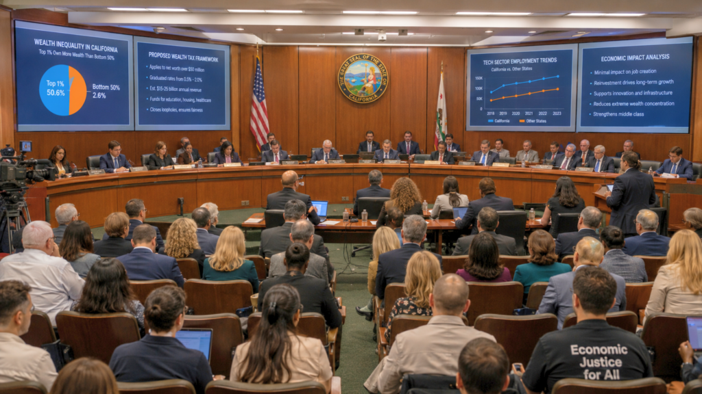 Lawmakers conducting a state committee hearing on tech employment trends and economic impact in California.