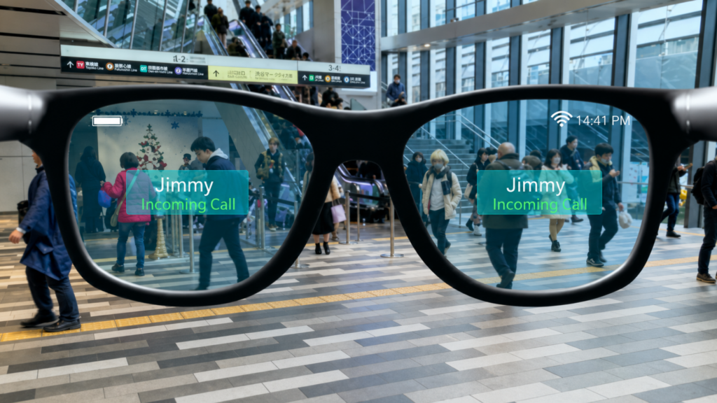 A view through augmented reality smart glasses showing an incoming call notification in a busy transit hub.