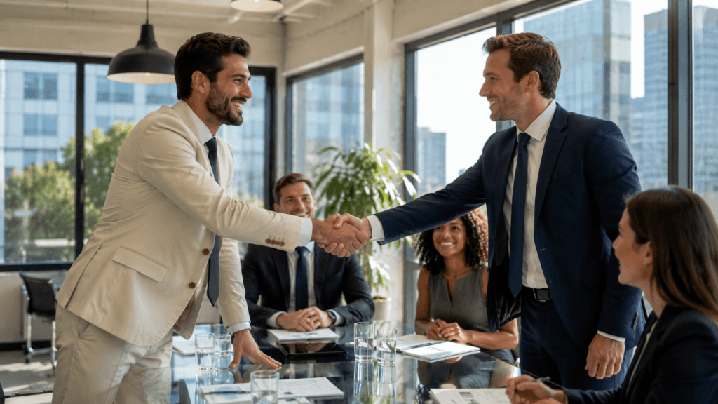 Two men shaking hands across a glass conference table during a meeting.