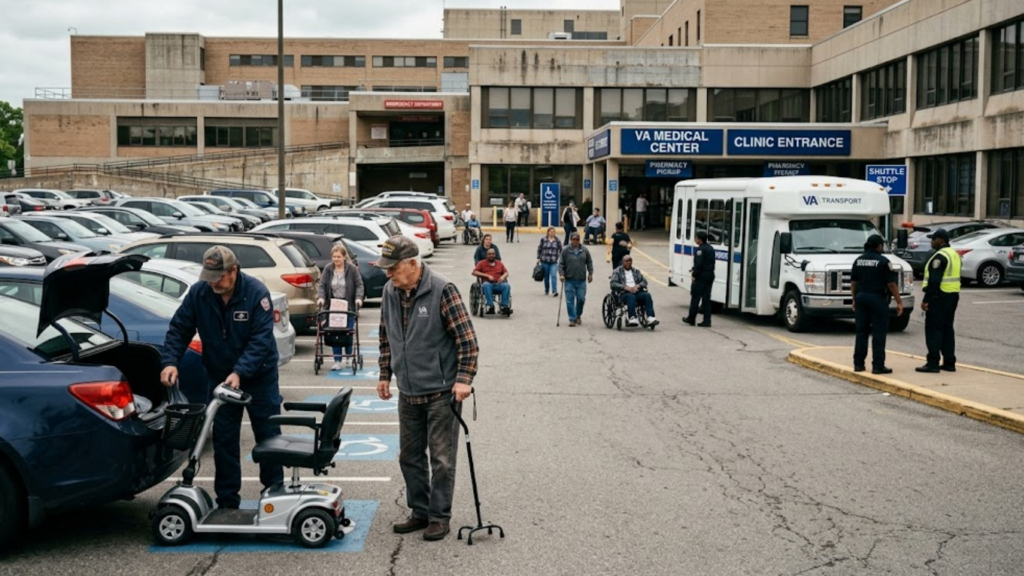 People with various mobility aids navigating the parking lot outside a VA Medical Center and clinic entrance.