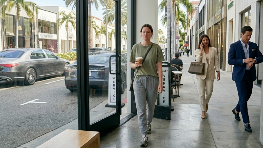 A woman holding a coffee cup exits a café onto a sunny city sidewalk where stylishly dressed people are walking.