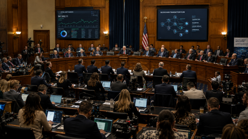 A government congressional committee hearing room filled with officials discussing digital asset regulation and blockchain transaction flow.