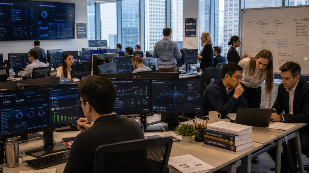 Financial professionals working in a busy, modern open-plan office equipped with multi-monitor desks and large data visualization screens.
