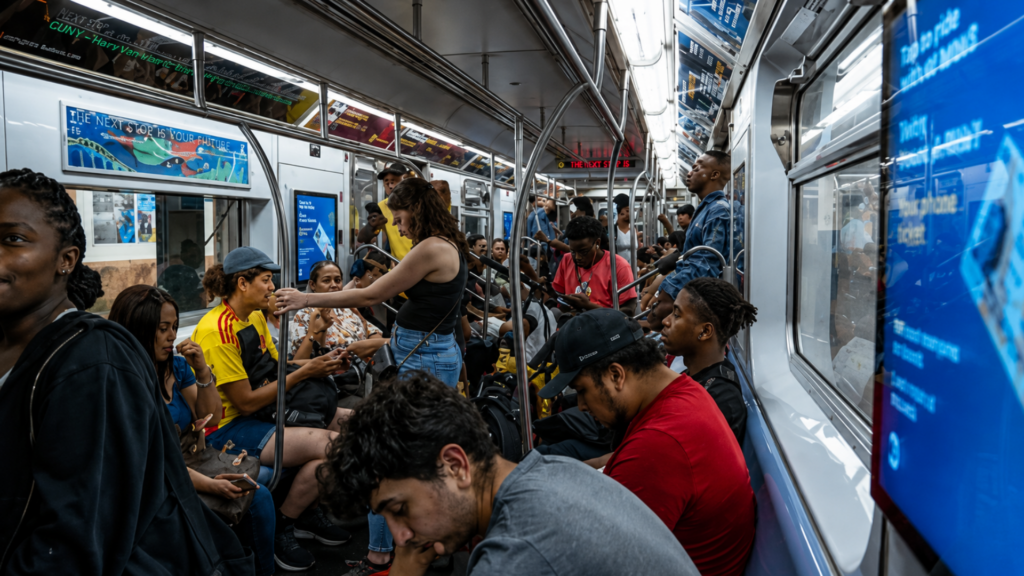 Crowded subway car with passengers seated and standing during a commute.