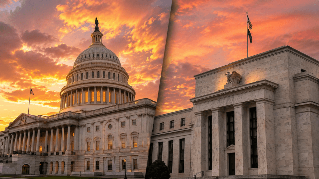 A split-screen view showing the U.S. Capitol Building on the left and the Federal Reserve Building on the right at sunset.