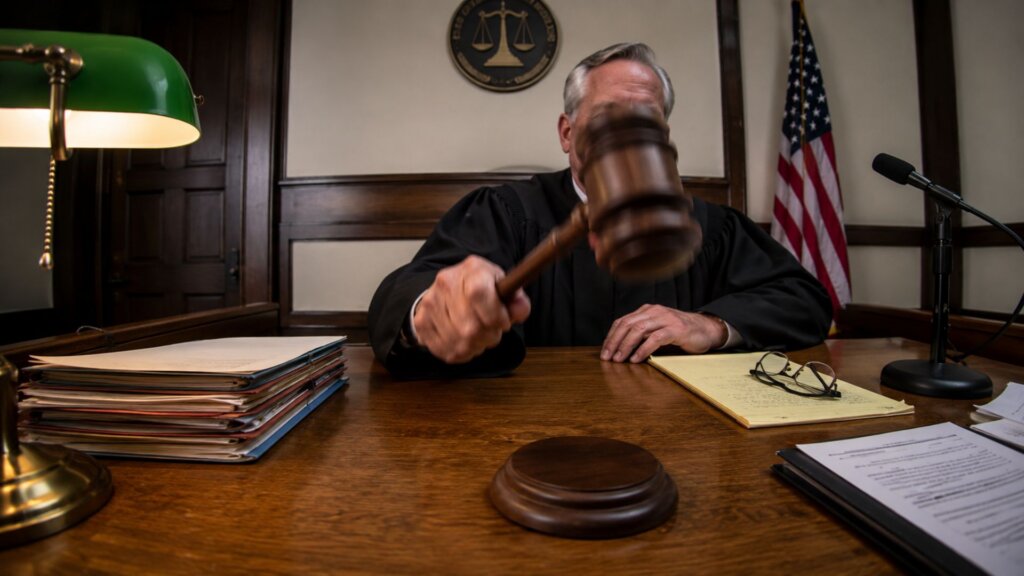Judge seated behind a courtroom bench raises a wooden gavel above the desk. An American flag, legal documents, eyeglasses, and a court seal are visible, representing the federal judicial system and court rulings.