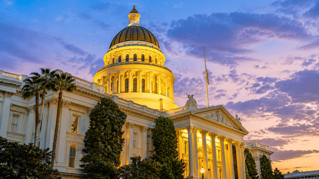 The California State Capitol building illuminated at dusk against a colorful purple and orange sunset sky.