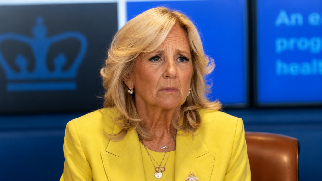 First Lady Jill Biden wearing a yellow suit jacket while attending an event with a blue digital screen in the background.
