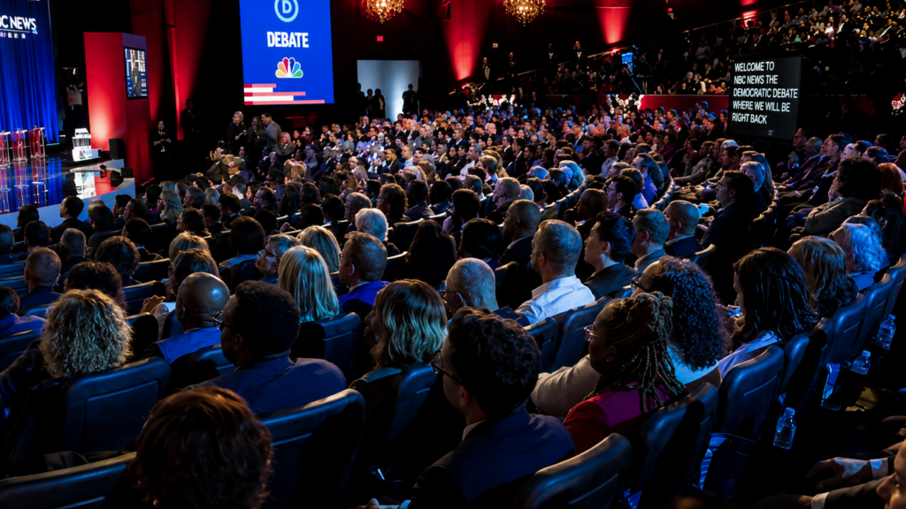 Audience members watching an NBC News Democratic primary debate from the stadium seating of a theater auditorium.