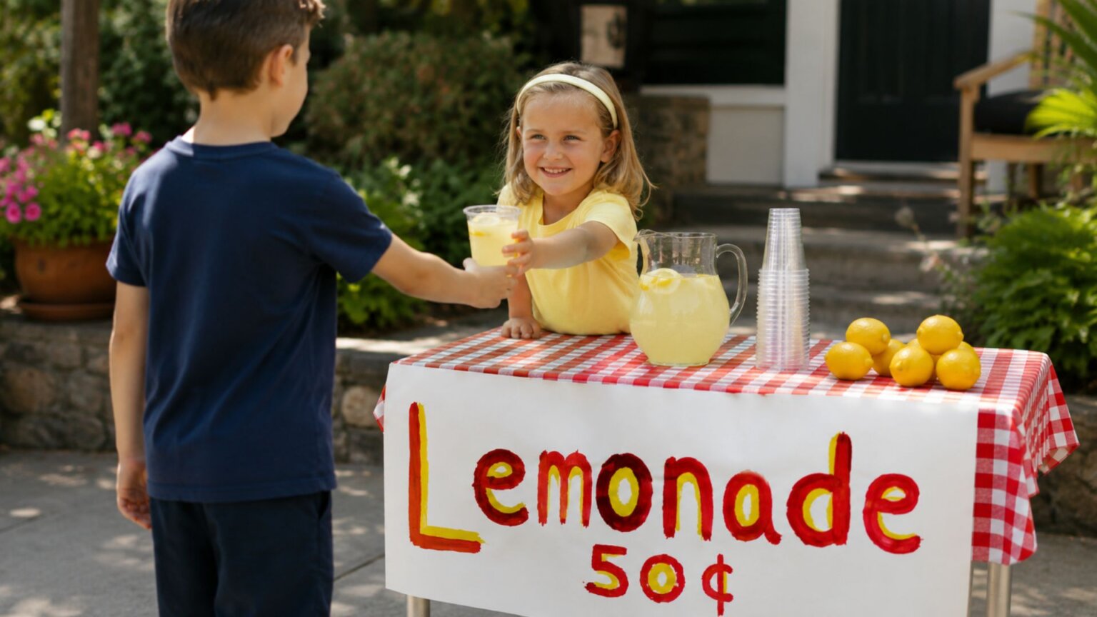 Young girl smiles as she hands a cup of lemonade to a child customer at a neighborhood lemonade stand with a pitcher of lemonade, fresh lemons, and a hand painted sign reading "Lemonade 50¢."