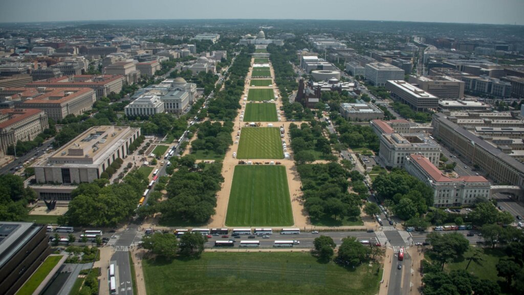 Aerial view of the National Mall stretching toward the US Capitol building.