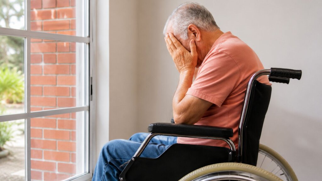 Older adult seated in a wheelchair beside a large window with both hands covering their face. Natural light enters through the window as the person sits alone indoors, conveying visible emotional distress or worry.