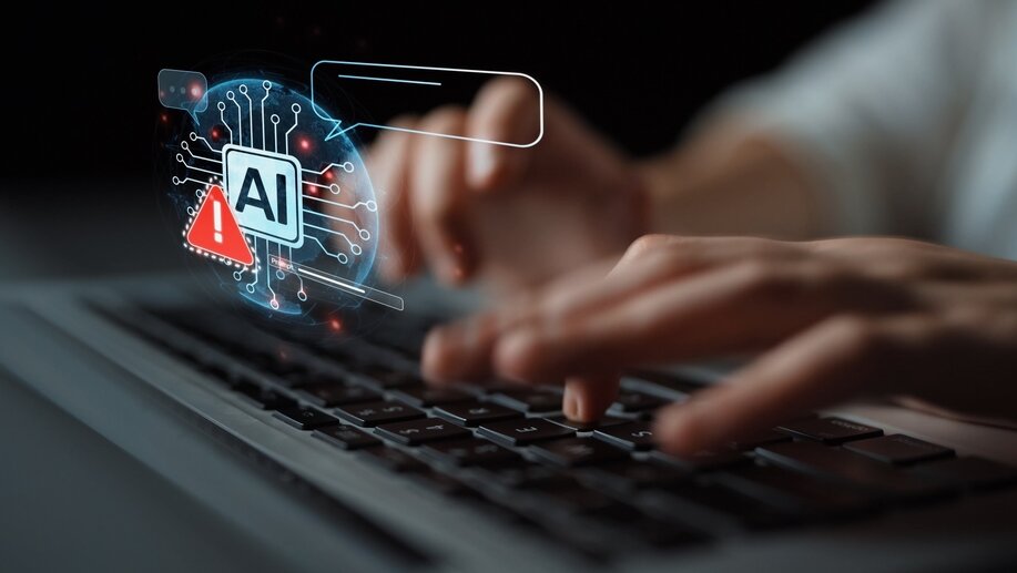 Close-up of a person typing on the keyboard of a laptop computer with both hands.