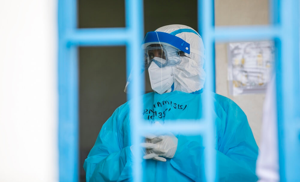 Medical worker in full protective gear participates in an Ebola preparedness drill.