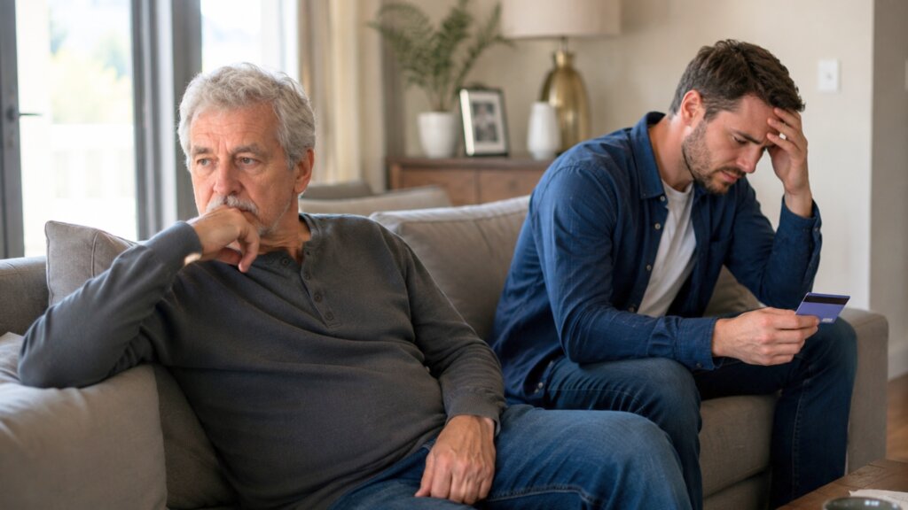 An older man sits on a couch looking worried while a younger man beside him holds a credit card and rests his head in his hand, suggesting financial stress within a family.