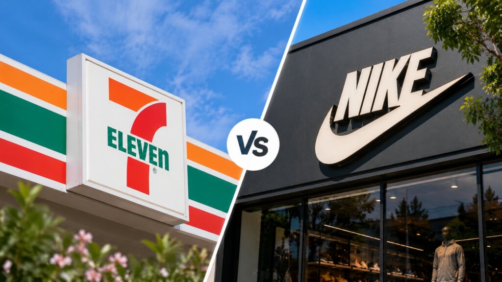 Split screen showing a 7-Eleven storefront on the left and a Nike storefront on the right with a large "Vs" circle in the center.