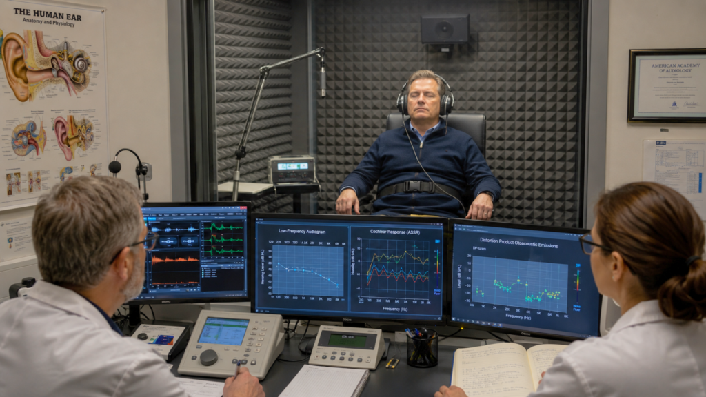 Audiologists monitoring data screens while a man inside a soundproof testing booth undergoes a hearing assessment.