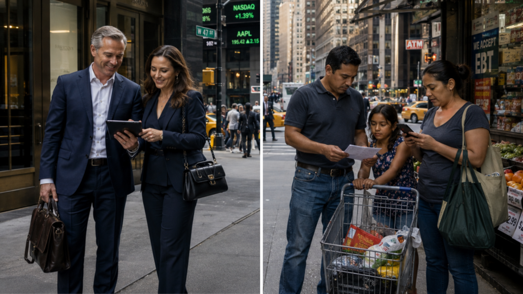A split image showing a business couple looking at a tablet and a family looking at a smartphone next to a shopping cart on a city street.