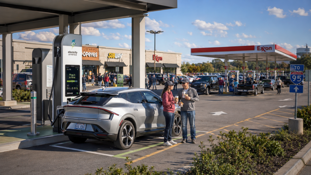 A silver Kia EV6 charging at an Electrify America station next to a traditional Exxon gas station.