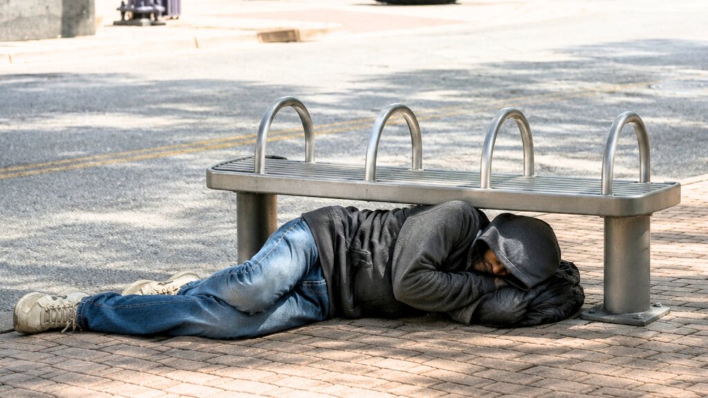 A person wearing a dark hoodie, jeans, and white sneakers sleeps on a brick sidewalk beneath a metal bench beside a city street. The scene shows how hostile architecture can affect people experiencing homelessness and supports discussion of Hostile Architecture.