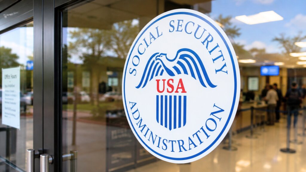 Entrance to a Social Security Administration office with the agency seal displayed on the glass door reading "SOCIAL SECURITY ADMINISTRATION" and "USA."