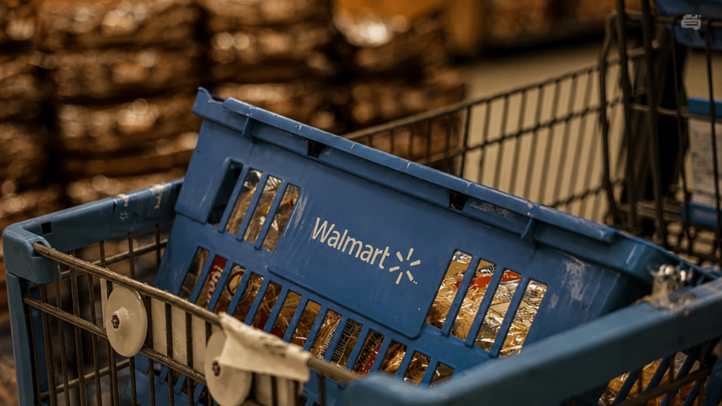 A close-up of a blue Walmart shopping cart basket resting inside a larger shopping cart.