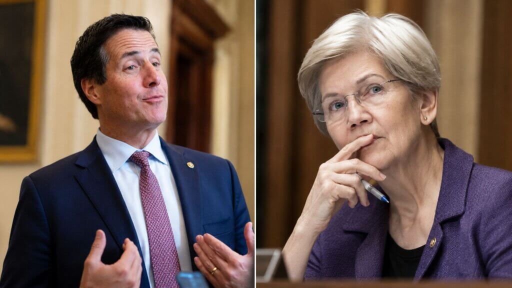 Split portrait of Senators Bernie Moreno and Elizabeth Warren. Moreno gestures while speaking in a hallway, and Warren sits thoughtfully with a pen in hand, illustrating the lawmakers behind a proposal to address Social Security.