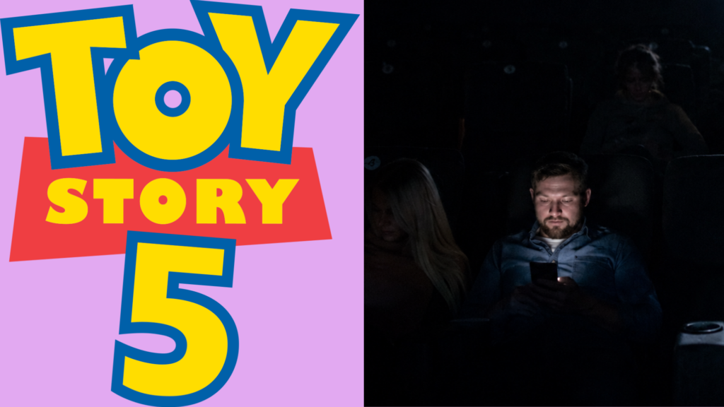 Split graphic showing the Toy Story 5 movie logo next to a man looking at his glowing smartphone inside a dark movie theater.