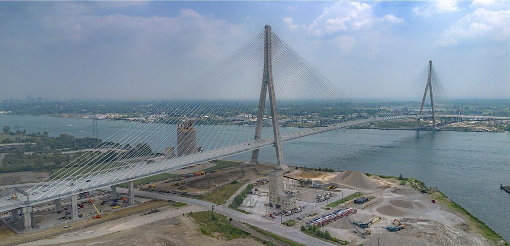 Aerial view of the Gordie Howe International Bridge spanning the Detroit River between the United States and Canada.