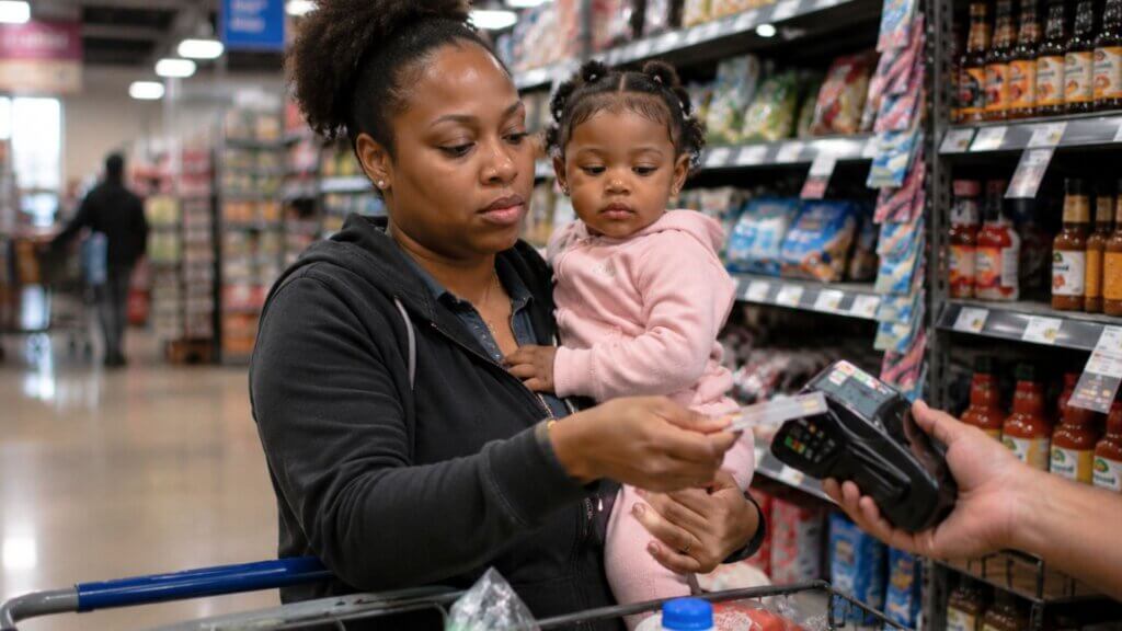 A mother holds her young daughter while paying with a debit card at a grocery store checkout.