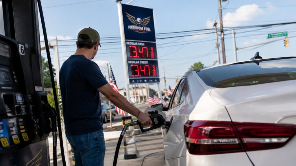 A driver pumps gasoline into a white sedan at a Freedom Fuel gas stations location.