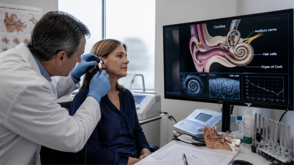 Doctor examining a woman's ear with an otoscope while a monitor displays a detailed diagram of the inner ear anatomy.