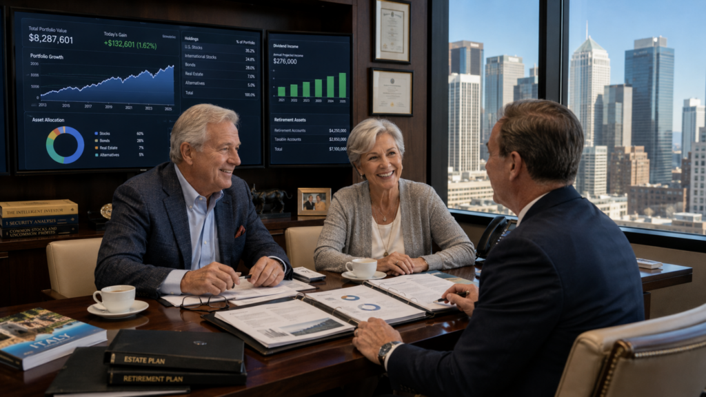 An elderly couple meeting with a financial advisor in an office with data visualization screens displaying a stock portfolio.