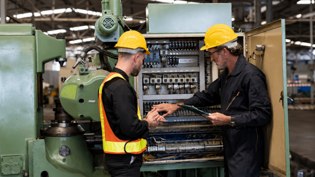Two industrial workers inspecting an electrical control panel inside a manufacturing facility.