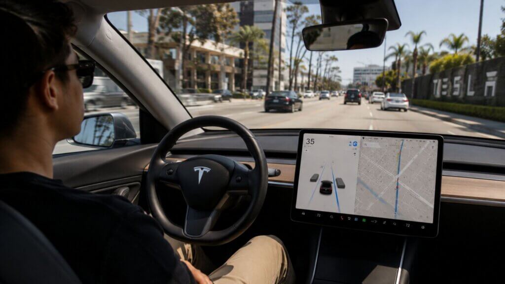 View from inside a Tesla vehicle showing a driver behind the wheel with the Full Self Driving interface displayed on the center touchscreen while traveling on a city street.