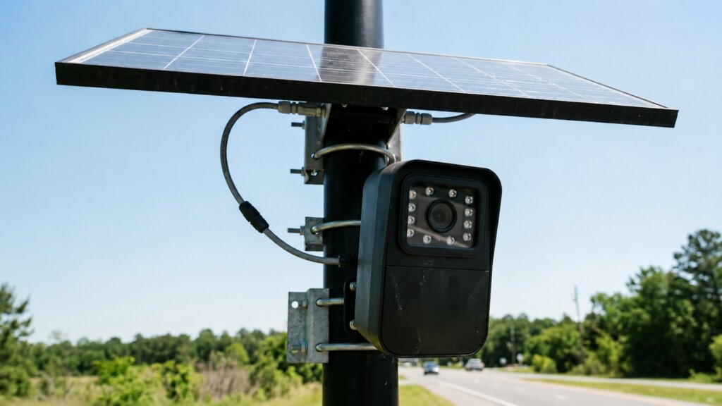 Solar powered roadside surveillance camera mounted to a pole beside a roadway with trees in the background under a clear blue sky.