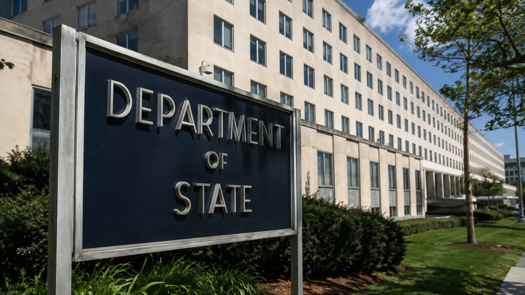 Sign outside the United States Department of State building with the text "DEPARTMENT OF STATE" displayed prominently in front of the government office.