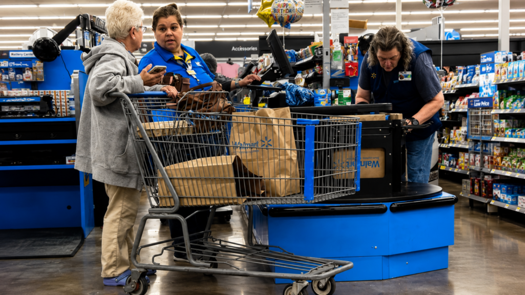Customers checking out at a Walmart register with a cashier placing items into paper bags.