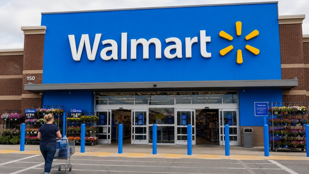 Front entrance of a Walmart store with the large "Walmart" sign above the automatic doors.