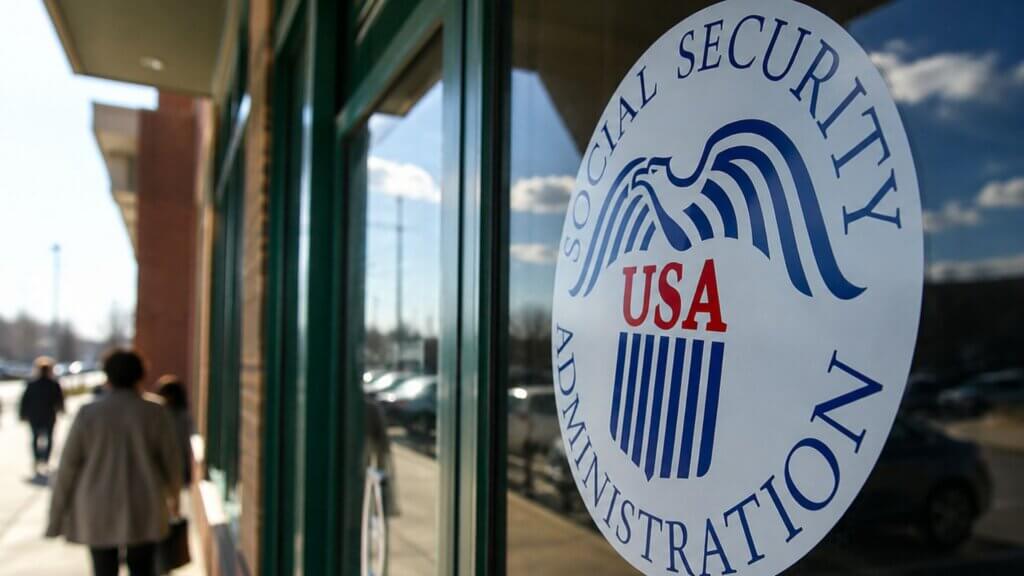 Social Security Administration logo displayed on the glass entrance of a local office while people walk along the sidewalk outside.