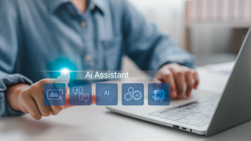 A close-up of a person typing on a laptop with a glowing digital "Ai Assistant" graphic appearing above the keyboard.