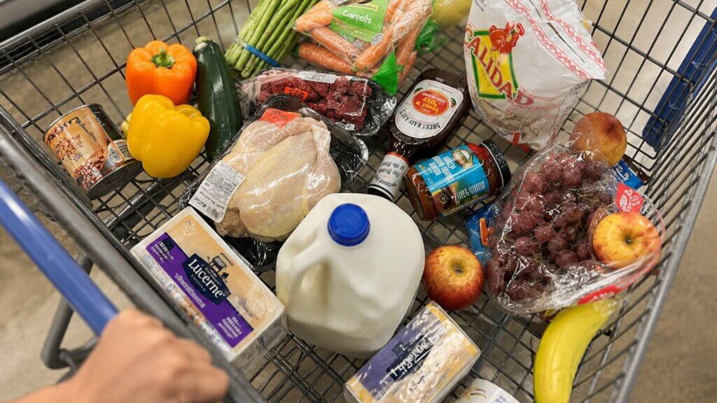 A grocery cart filled with fresh produce, milk, chicken, cheese, bread, tortillas, pasta sauce, and other household staples in a supermarket aisle.