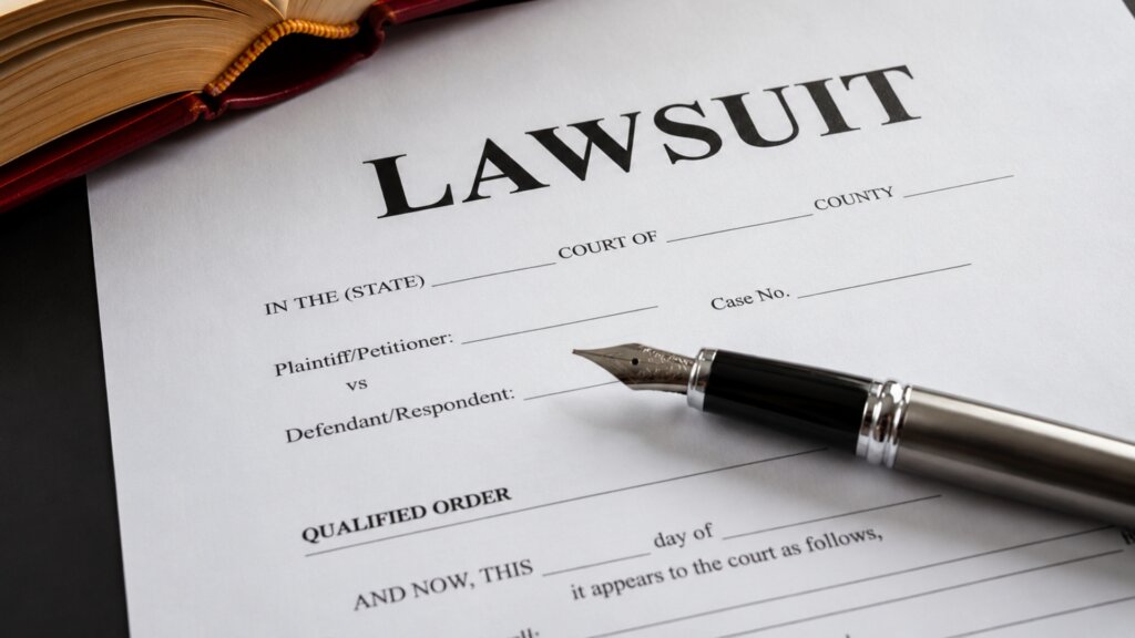 Legal document titled "LAWSUIT" with blank fields for court information and case details beside a fountain pen and an open law book.