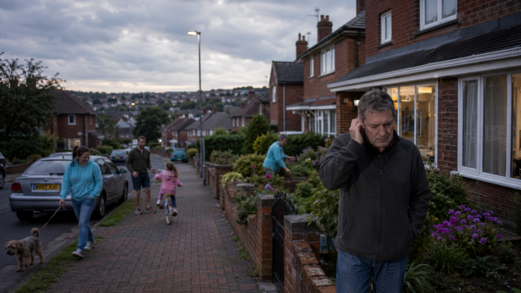 Man rubbing his ear while walking on a suburban street in the evening, with neighbors and a child on a bike in the background.
