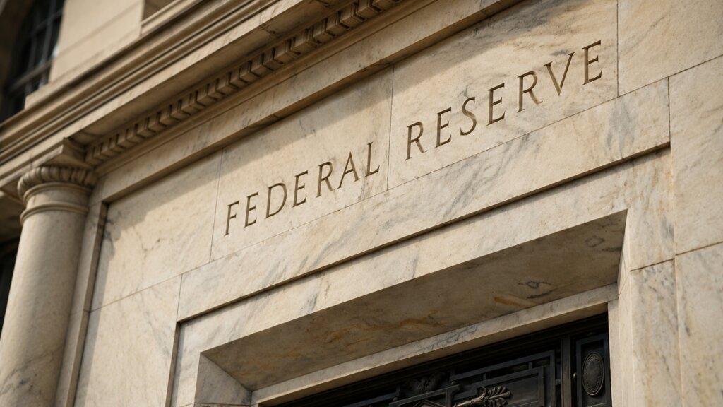 The marble entrance of the Federal Reserve building with the words "FEDERAL RESERVE" carved prominently above the doorway.