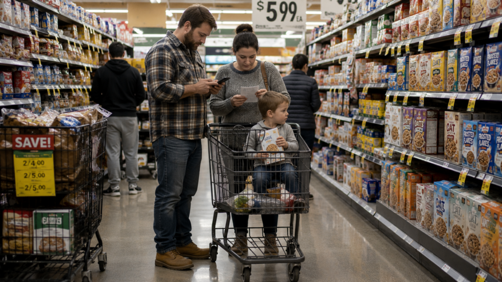 A family reviewing their shopping list and smartphone while standing in a grocery store cereal aisle with a child in the cart.