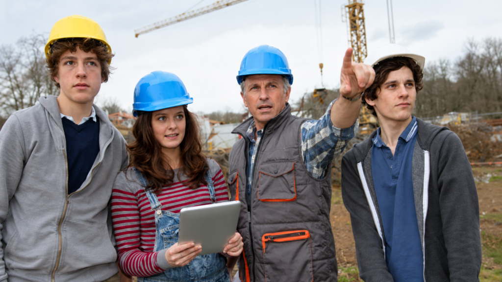 Construction supervisor guiding students during a visit to an active construction site.
