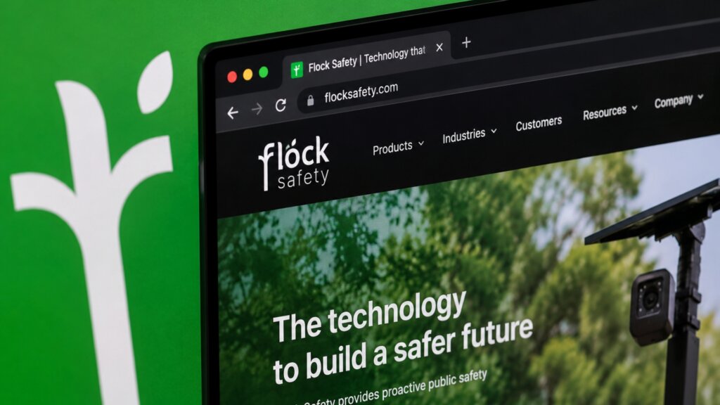 Close up of the Flock Safety website displayed on a computer monitor with the headline "The technology to build a safer future."