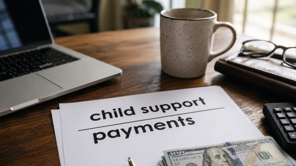 Paperwork labeled "child support payments" sits on a wooden desk beside cash, a calculator, a laptop, a coffee mug, eyeglasses, and a pen.