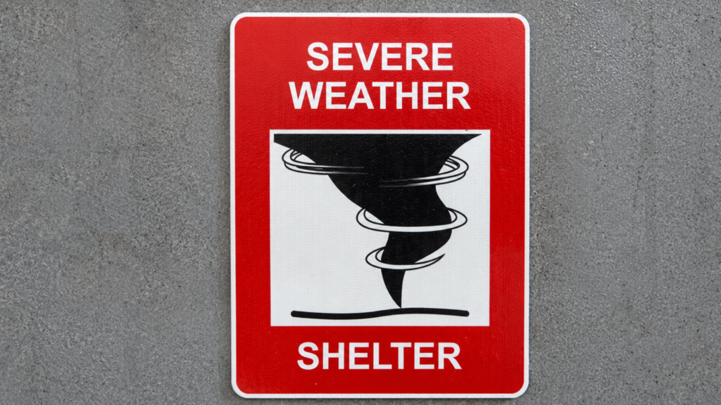 A red and white warning sign mounted on a concrete wall reading Severe Weather Shelter with a tornado graphic.